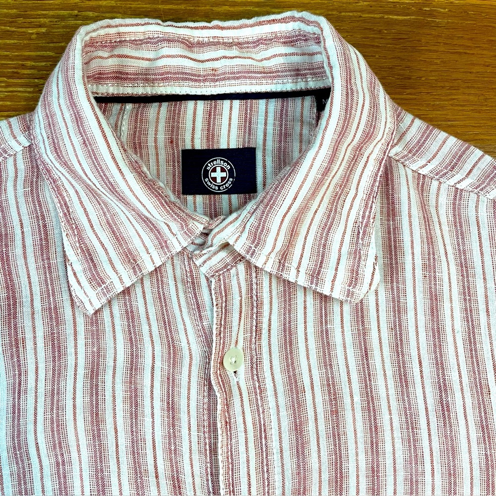 Strellson Linen Shirt Mens Medium Red Striped Beach Resortwear Sunshine Preppy